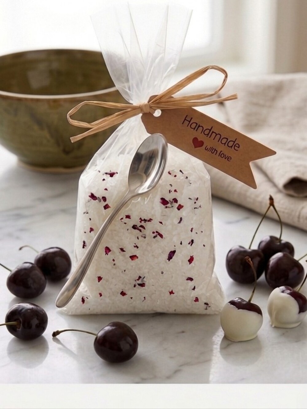 Handmade Black Cherry Bath Salt Sachet with Spoon 4 Oz.